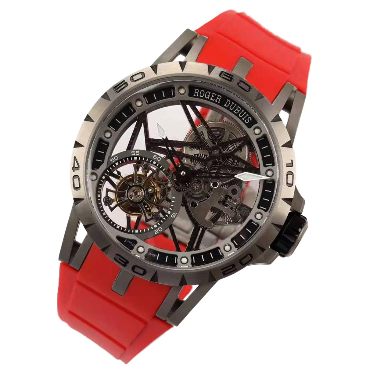 Excalibur Spider Skeleton Flying Tourbillon with Red Rubber Strap