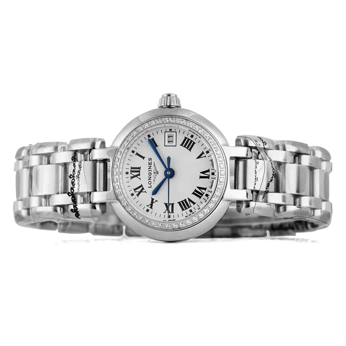 primaluna white dial with roman markers and Di*m*nd bezel