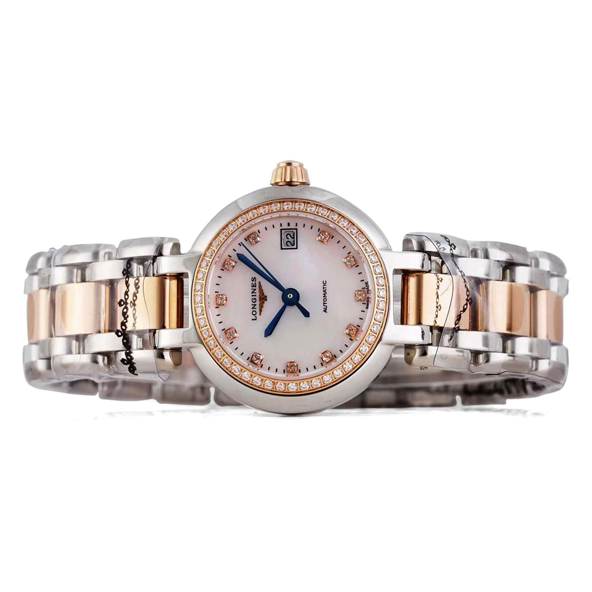 primaluna mop white dial with Di*m*nd markers and Di*m*nd bezel in rose gold