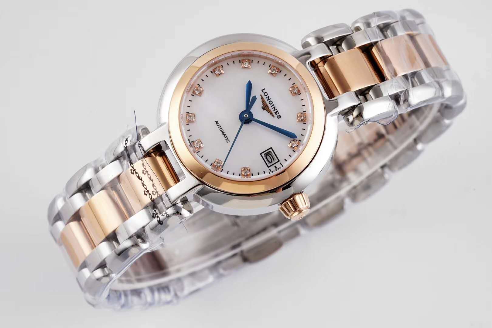 primaluna mop white dial with Di*m*nd markers in rose gold
