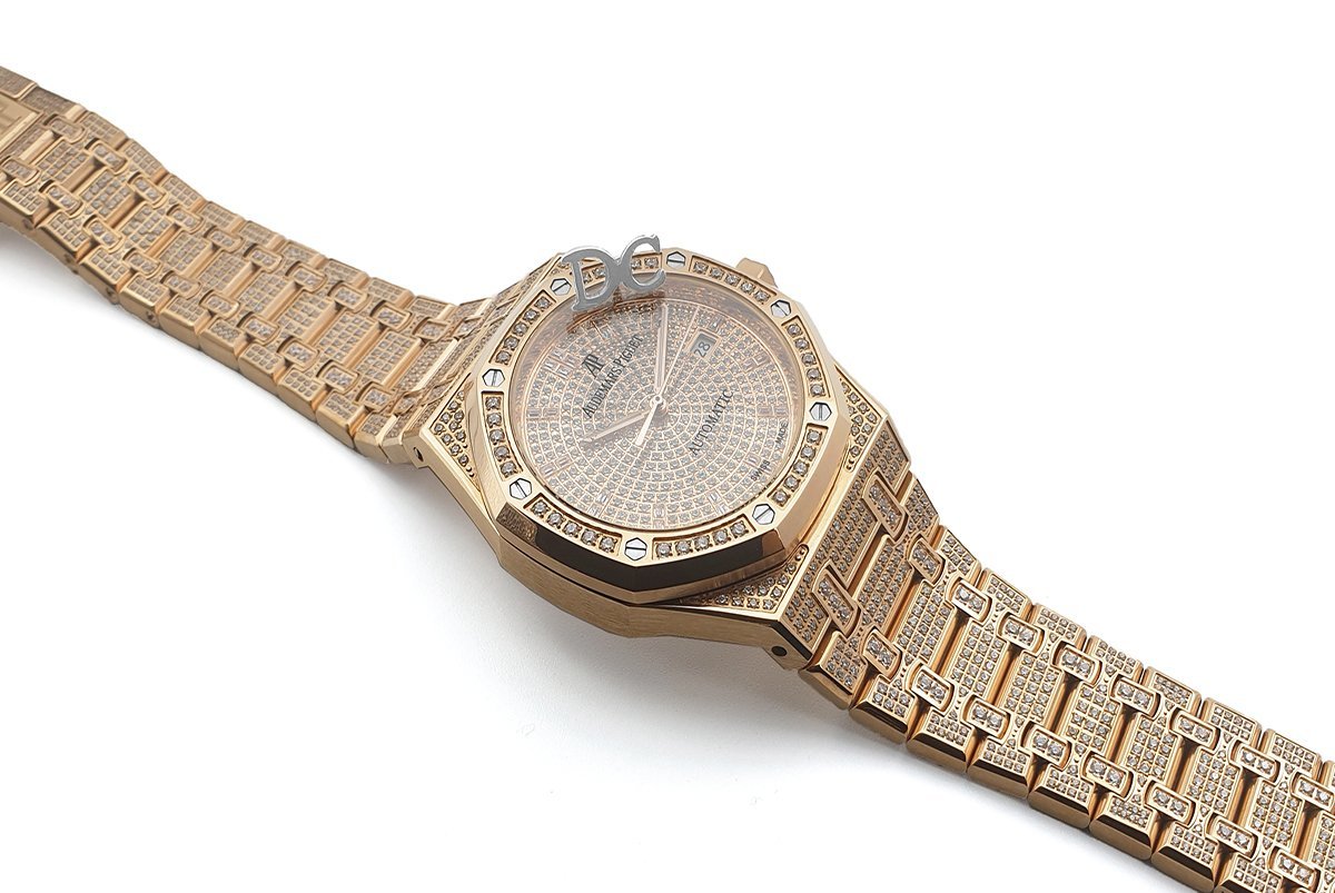royal oak 41mm 15402or full Di*m*nd paved in pink gold on bracelet