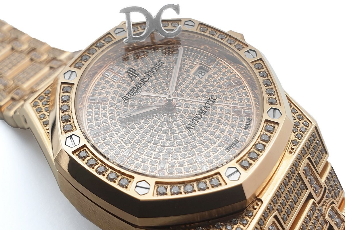 royal oak 41mm 15402or full Di*m*nd paved in pink gold on bracelet