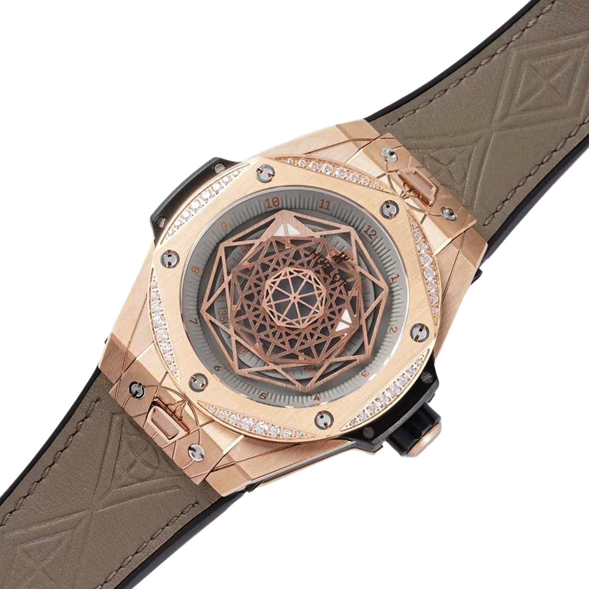 big bang unico sang bleu in rose gold with Di*m*nd bezel on brown leather strap