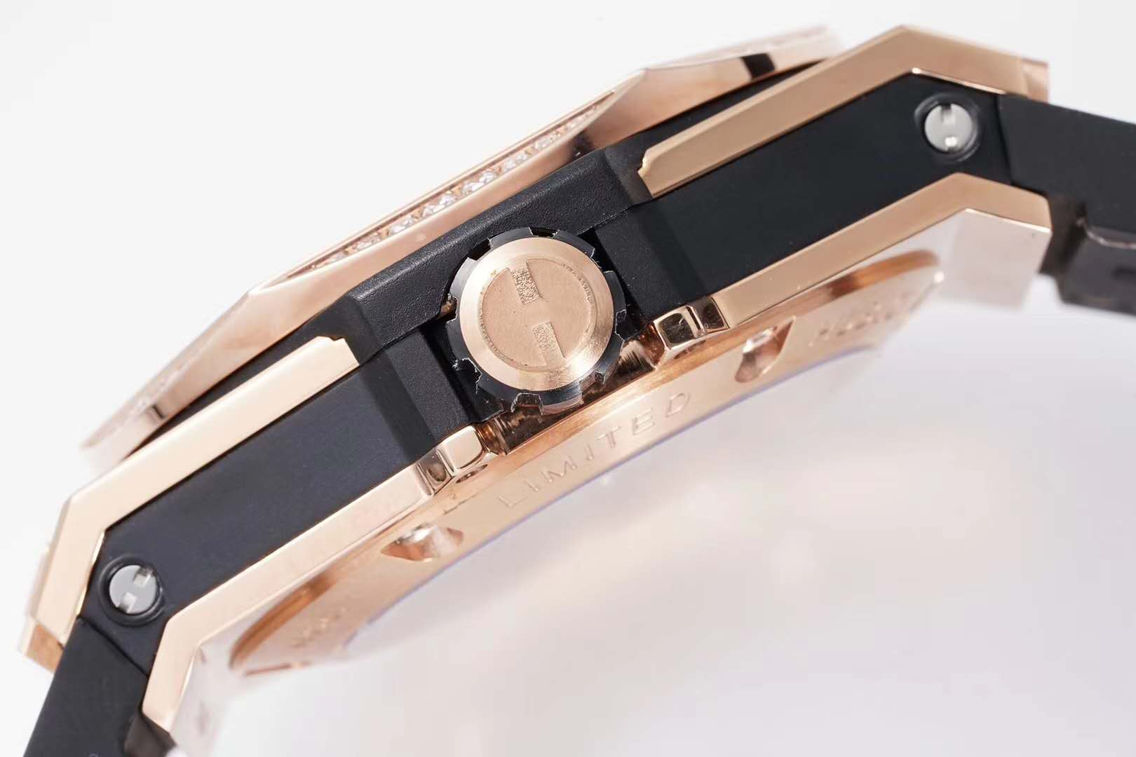 big bang unico sang bleu in rose gold with Di*m*nd bezel on brown leather strap