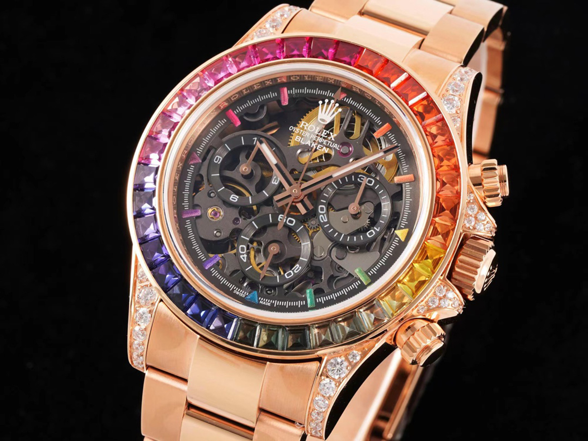 blaken daytona skeleton dial with rainbow Di*m*nd bezel in rose gold