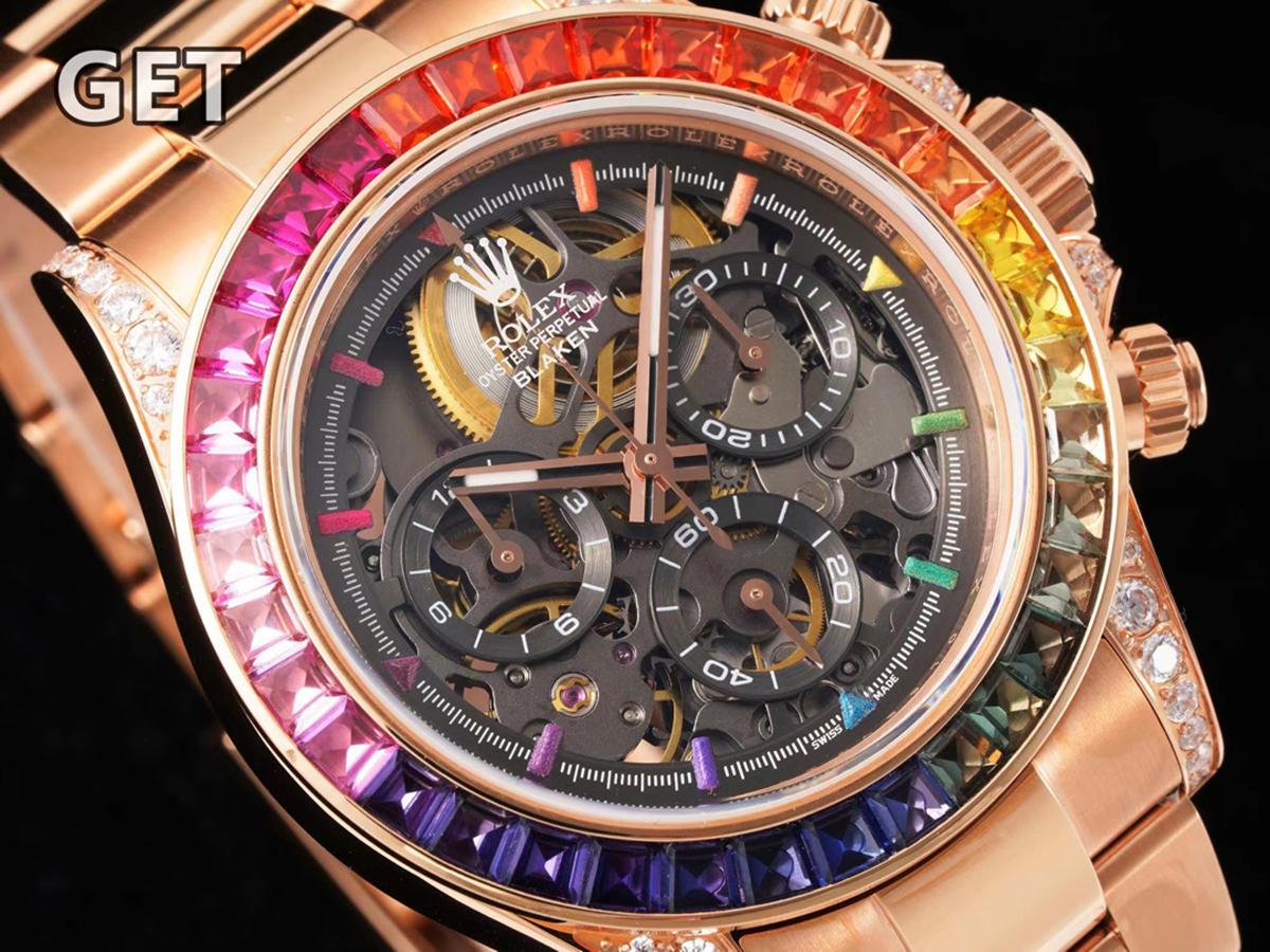 blaken daytona skeleton dial with rainbow Di*m*nd bezel in rose gold