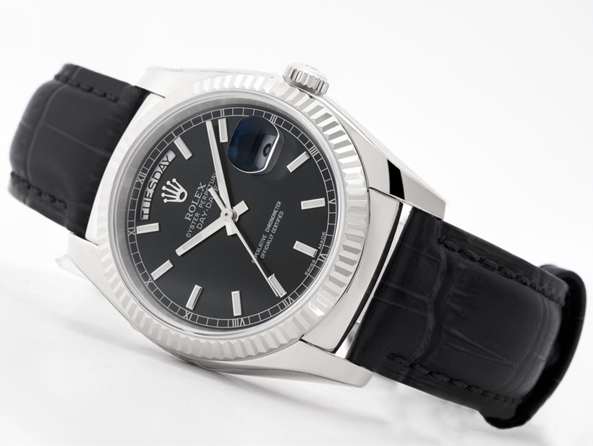 Day-Date 40 Black Dial in White Gold on Leather Strap