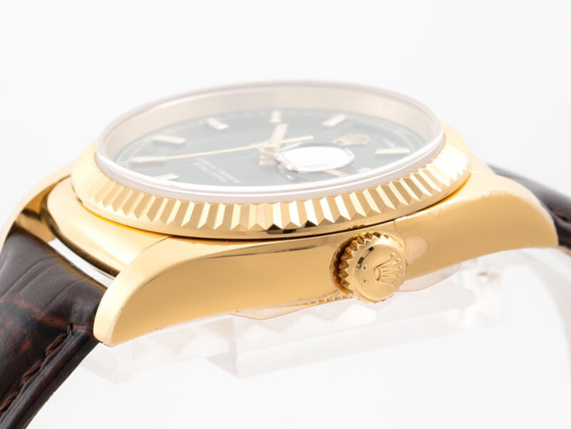 Day-Date 40 Black Dial in Yellow Gold on Leather Strap