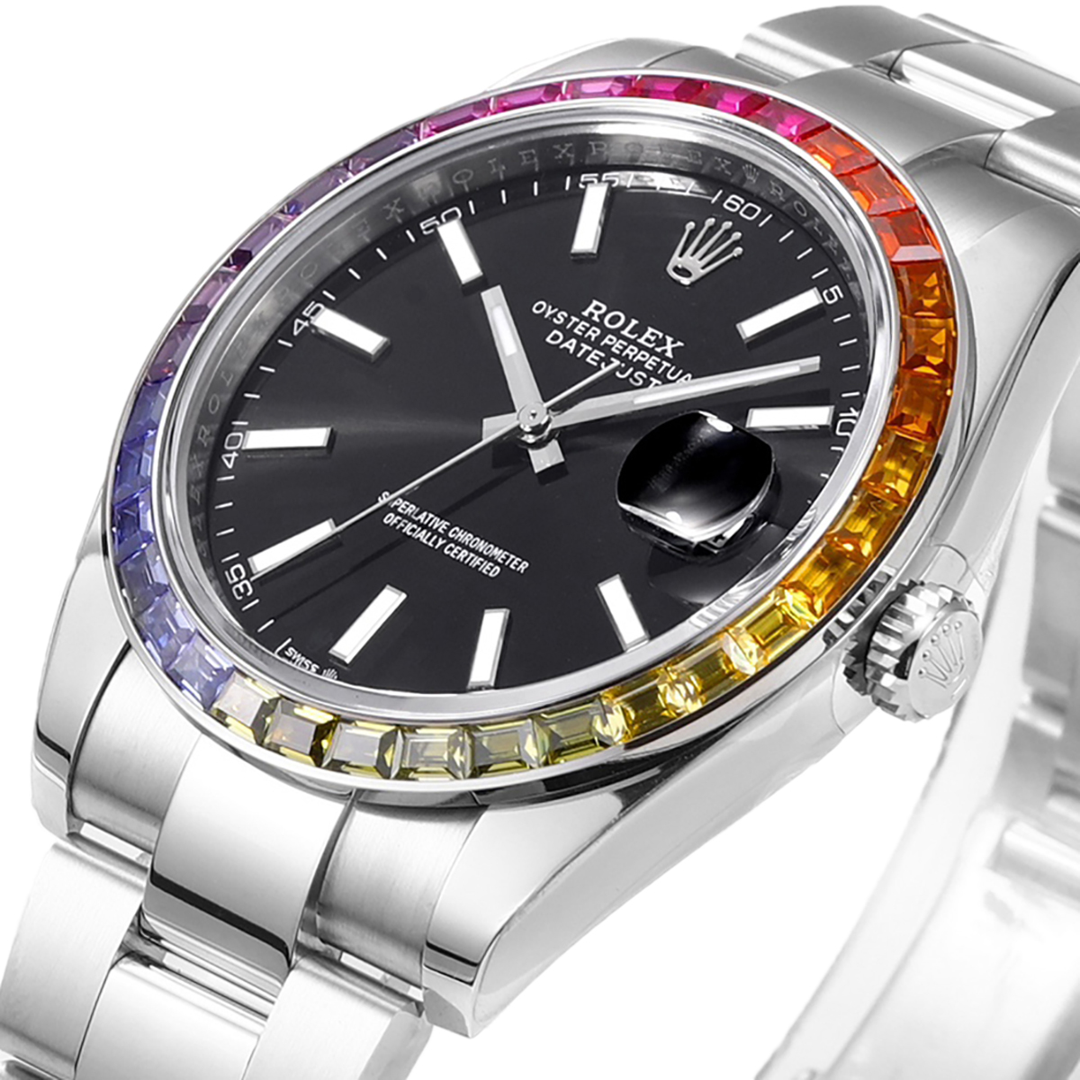 datejust 41 black dial stick markers with rainbow Di*m*nd bezel in steel on oyster bracelet