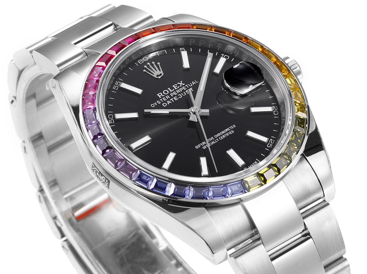 datejust 41 black dial stick markers with rainbow Di*m*nd bezel in steel on oyster bracelet