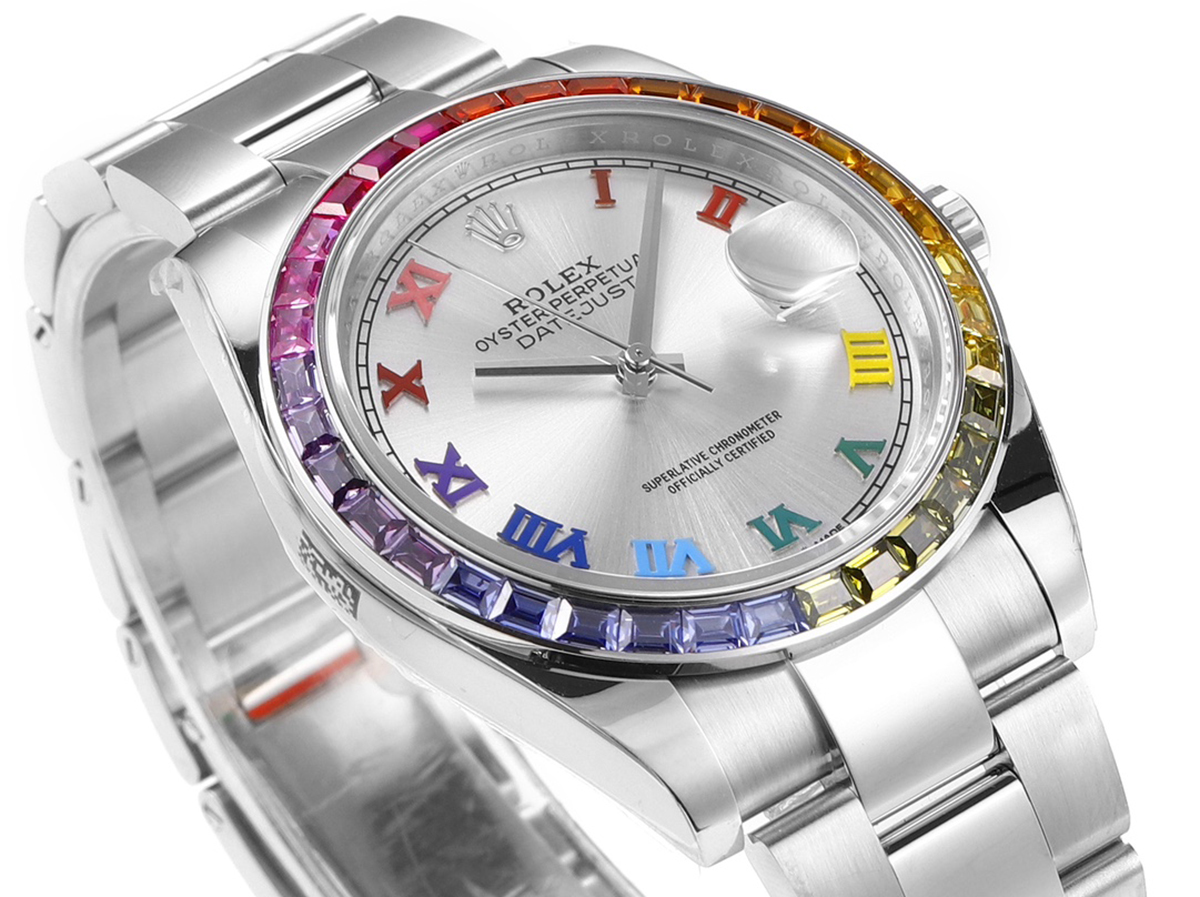 datejust 41 silver dial roman markers with rainbow Di*m*nd bezel in steel on oyster bracelet