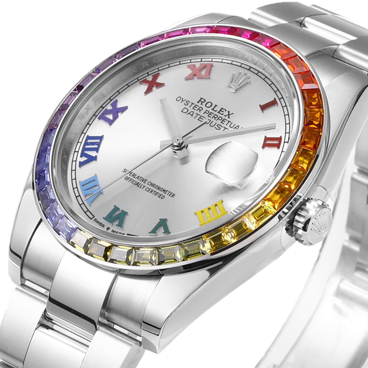 datejust 41 silver dial roman markers with rainbow Di*m*nd bezel in steel on oyster bracelet
