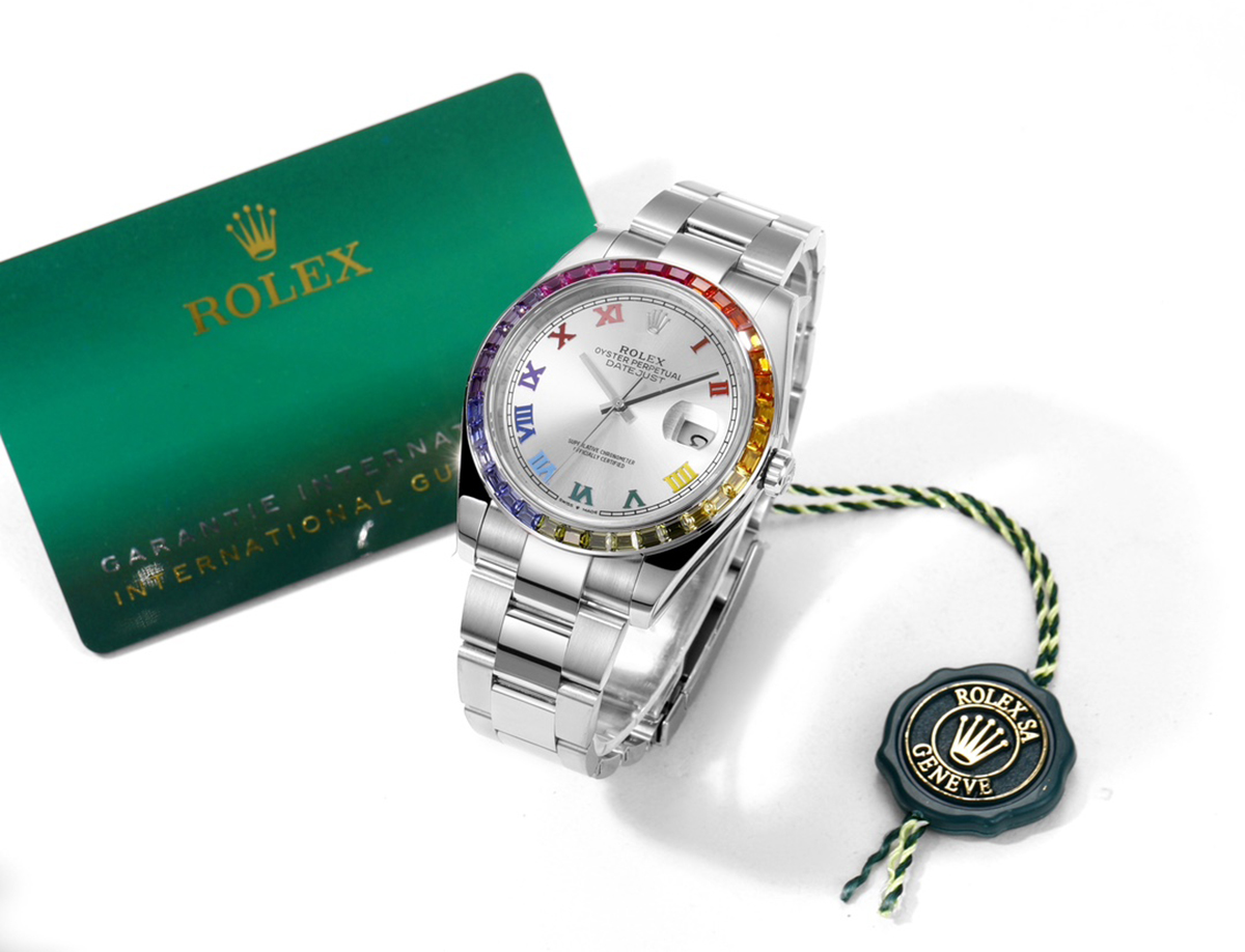 datejust 41 silver dial roman markers with rainbow Di*m*nd bezel in steel on oyster bracelet