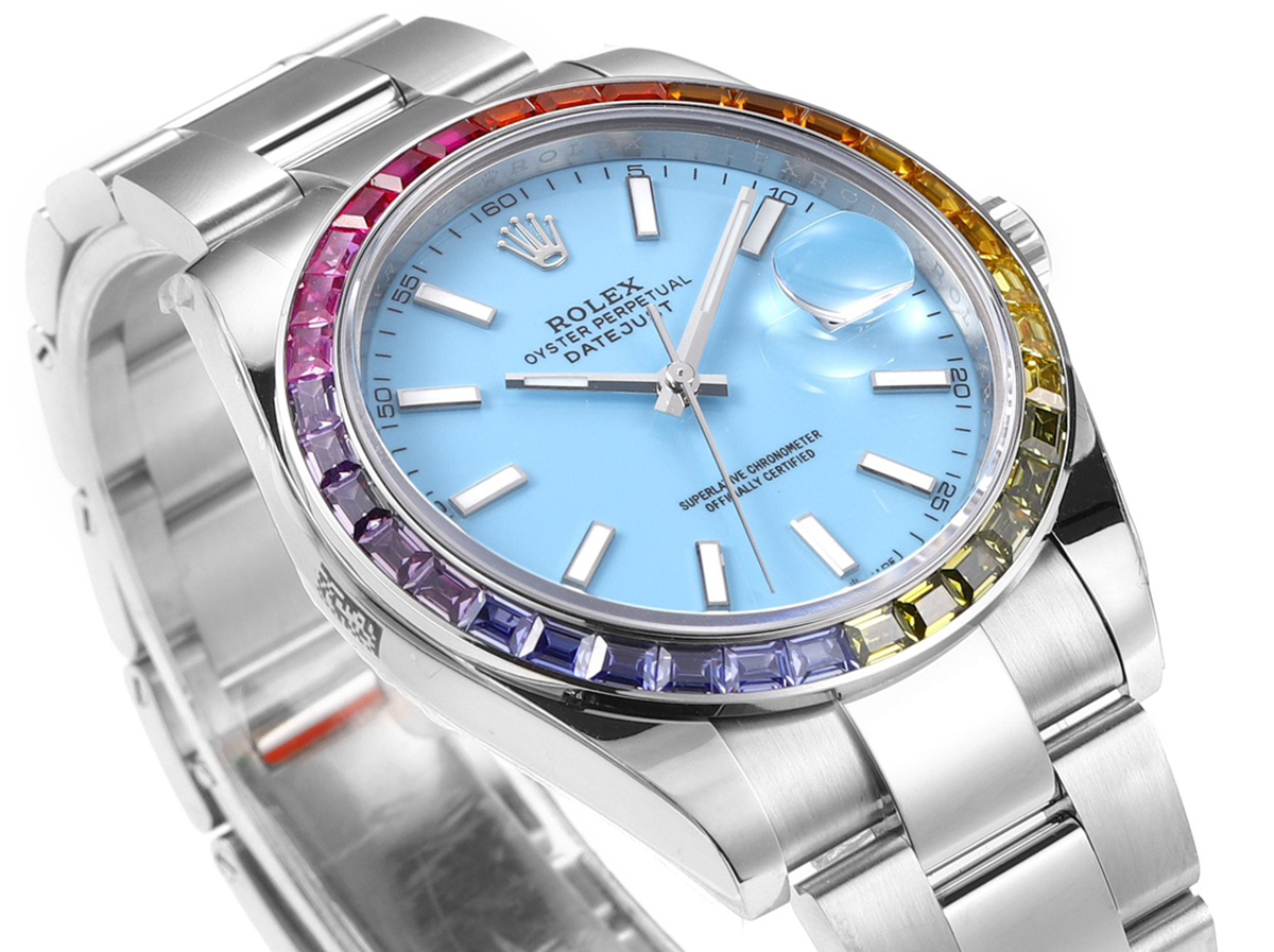 datejust 41 tiffany blue dial stick markers with rainbow Di*m*nd bezel in steel on oyster bracelet
