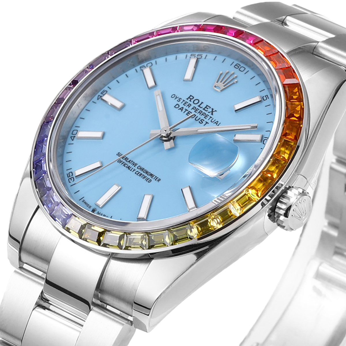datejust 41 tiffany blue dial stick markers with rainbow Di*m*nd bezel in steel on oyster bracelet