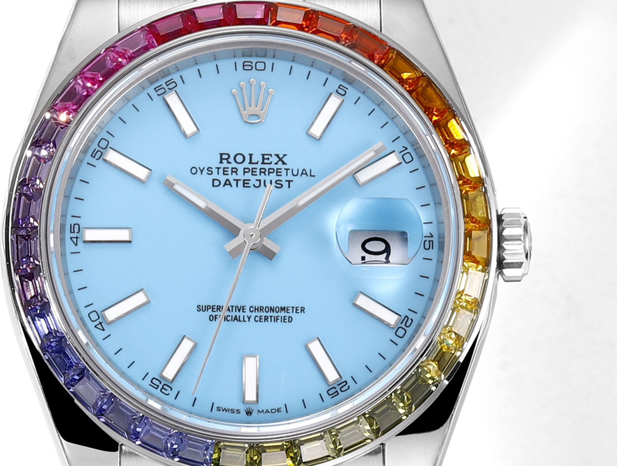 datejust 41 tiffany blue dial stick markers with rainbow Di*m*nd bezel in steel on oyster bracelet