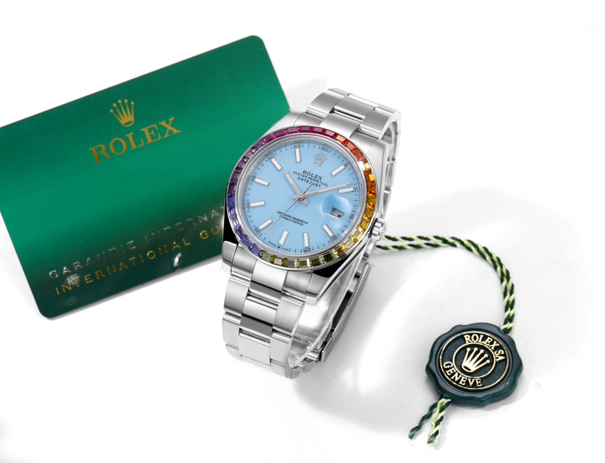datejust 41 tiffany blue dial stick markers with rainbow Di*m*nd bezel in steel on oyster bracelet